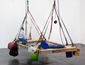 Andrea Bowers, Tree sits - Canopy Camping, earth First! Direct Action Manual with Dream Platform, 2011. Recycled wood, rope, carabiners, miscellaneous equipment and supplies. Courtesy of Andrew Kreps Gallery