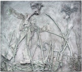 Thornton Dial, Looking Back, Fear No Evil, 2010. Found boots, cloth, found wood, soda can, spray paint,found gloves, rope, Splash Zone compound on canvas on board, 84 x 95 inches. Courtesy of Allegra Laviola Gallery