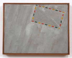 Robert Moskowitz, untitled, 1962. Aluminum paint, oil, collage on canvas, 10 x 13 inches. Courtesy of KS Art