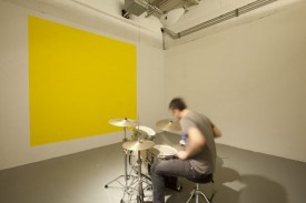 Lynne Harlow, BEAT, 2007. Acrylic paint (8-1/2 x 8-1/2 feet), drum kit, live performance with musicians. Courtesy of the artist and MINUS SPACE, Brooklyn, NY