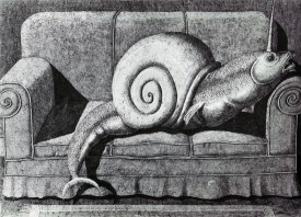 Domenico Gnoli, What is a Monster? Snail on Sofa, 1967. Tempera, acrylic, and ink on carton, 17-1/3 x 24 inches. Fundación Yannick y Ben Jakober Collection, Mallorca, Spain