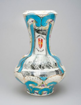 Jane Irish, Winter Soldier in 1971 Urn, 2012. Low Fire whiteware, china paint, underglaze and luster, 15 x 11 x 11 inches. Courtesy of the Artist