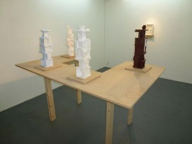 Installation shot of William Corwin sculptures (all 2012, hydrocal plaster, from left) Blue Boy, Ugly Duchess, King and Termites. Courtesy of George and Jørgen Gallery, London