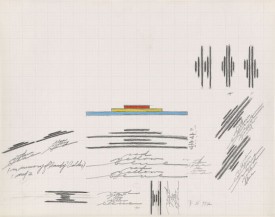 Dan Flavin, proposals for (in memory of “Sandy” Calder), 1977. Graphite pencil and colored pencil on graph paper, 17 x 21 7/8 inches Collection of Stephen Flavin (c) 2012 Stephen Flavin/ Artists Rights Society (ARS), New York. Photo: Graham S. Haber, 2011