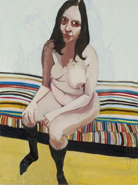 Chantal Joffe, Self-Portrait Sitting on a Striped Chaise Lounge, 2012. Oil on board, 72-1/8 x 47-7/8 inches. Courtesy of Cheim & Read