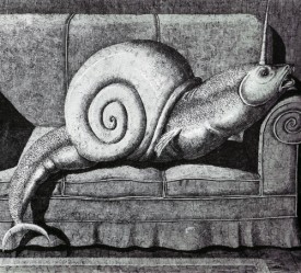 Domenico Gnoli, What is a Monster? Snail on Sofa, 1967. Tempera, acrylic, and ink on carton, 17-1/3 x 24 inches. Fundación Yannick y Ben Jakober Collection, Mallorca, Spain