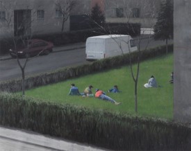 Serban Savu, Small Talk after Lunch, 2012, oil on canvas, 40 1/2 x 51 3/16 inches. Courtesy of David Nolan Gallery. On view at the Frieze Art Fair, Randall Island, New York May 4 to 7,