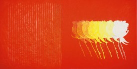 Denise Green, Evanescence (Red), 2007. Wax crayon, pencil, marble dust and acrylic on canvas, 72 x 144 inches. Courtesy of the Artist and Sundaram Tagore Gallery