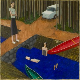 Mernet Larsen, Mall Event, 2010. Acrylic and mixed media on canvas, 50 x 55 inches. Courtesy of Vogt Gallery