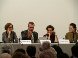 Deliberations: left to right, Roberta Smith, David Cohen, Ariella Budick, Marjorie Welish. Photo: M. Brandon MacInnis