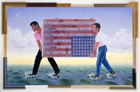 Frank Moore, Emigrants, 1997–98. Oil and silkscreen on canvas mounted on featherboard, in artist’s frame (various moldings), 68 x 104 inches. Private collection, Italy. Courtesy Sperone Westwater, New York