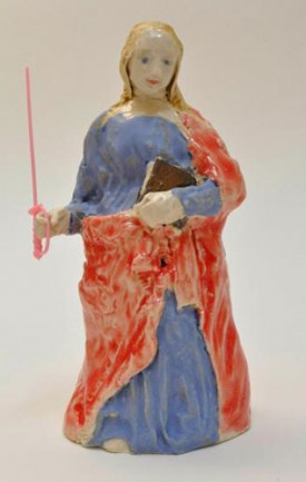 Mary Carlson, Catherine of Alexandria (after Pintorichhio), 2012. Glazed porcelain and plastic sword, 7 x 3 x 3 inches. Courtesy of Studio 10