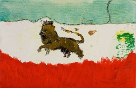 Peter Doig, Lion in Sand, 2012. Oil and gesso on linen, 15 x 18-1/4 inches. Courtesy Michael Werner Gallery, New York and London