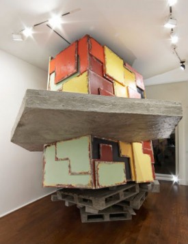 Phyllida Barlow, untitled: upturnedhouse, 2012. Timber, plywood, scrim, cement, polystyrene, polyfiller, paint, varnish, 138 x 200 x 128 inches. Courtesy of Hauser & Wirth