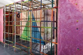 Alan Shields, Maze, 1981-82. Acrylic and thread on canvas, cotton belting, Velcro, aluminum pipe, 87 x 219 x 219 inches. Courtesy of Greenberg Van Doren Gallery