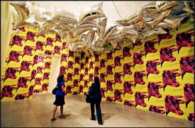 Installation shot of Regarding Warhol at the Metropolitan Museum of Art, showing a reconstruction of a 1966 Warhol show at Leo Castelli Gallery.