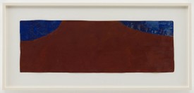 Suzan Frecon, red blue blue, 2012. Watercolor on old Indian ledger paper, 9-1/4 x 27 inches. Courtesy of David Zwirner, New York