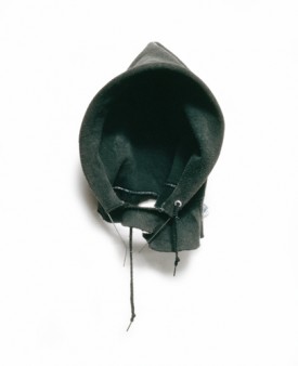 David Hammons, In the Hood, 1993. Athletic sweatshirt hood with wire. 23 x 10 x 5 inches. Courtesy of Tilton Gallery