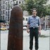Jene Highstein with his sculpture, Totem, 1980, installed that year in downtown Manhattan. Courtesy of Public Art Fund.