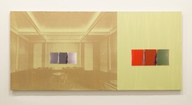 David Diao, Double Rejection 1 (MOMA Boardroom), 2012. Acrylic, paper and silkscreen on canvas, 36 x 78 inches. Courtesy of Postmasters