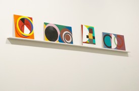 Installation shot of small paintings in David Diao: TMI at Postmasters, the exhibition under review. Courtesy of Postmasters