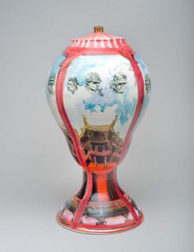 Jane Irish, Thousand Yard Stare Urn, 2012. Low fire whiteware, china paint, luster and underglaze, 15½ x 8 x 8 inches. Courtesy of Locks Gallery, Philadelphia