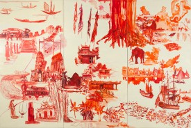 Jane Irish, Yellow and Red, 2013. Egg tempera on three canvases, 96 x 144 inches. Courtesy of Locks Gallery, Philadelphia