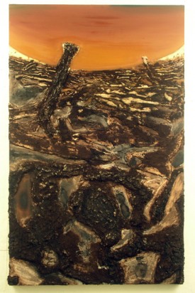 DeShawn Dumas, Abstracting The Masses #1, 2008, coffee grinds, plaster, tar, dry pigment on board, 24 x 48 inches. Courtesy of the artist and Janet Kurnatowski Gallery.