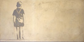 Giosetta Fioroni, Bambino solo (Lone Child), 1968, pencil, white aluminum enamel on canvas, 39 3/8 x 78 11/16 inches. Courtesy of the artist. Photograph by Giuseppe Schiavinotto.