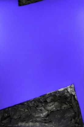 DeShawn Dumas, No End in Blue, 2010, oil, tar, pages from the Bible on canvas, 48 x 72 inches. Courtesy of the artist and Janet Kurnatowski Gallery.