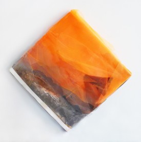 DeShawn Dumas, Of Insincere Delusions, 2013. Starbucks coffee grinds, pages from the Book of Revelation, tulle, fiberglass screen, 18 x 18 inches. Courtesy of the artist and Janet Kurnatowski Gallery.