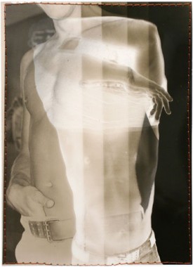 Keith Smith, Alan Undressing, 1978. Gelatin silver print with sheet film and stitching, printed c. 1978, 7-1/8 x 4-7/8 inches. Courtesy of Bruce Silverstein