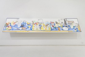 Joan Linder, Counter, sink, 2013. Ink on paper, accordion book, 31 x 156-1/2 inches (open). Courtesy of the Artist and Mixed Greens.