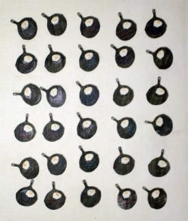 Keith Smith, Bicycle Seats, 1967. Print emulsion on etching paper with hand-coloring ,12-1/2 x 10 inches. Courtesy of Bruce Silverstein