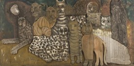 Bernard Langlais, Thirteen Cats, ca. 1967, wood and paint, 48 x 96 x 2 inches. Courtesy of Alexandre Gallery