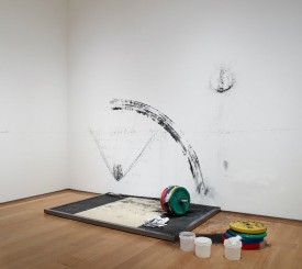 Matthew Barney, Drawing Restraint, 2013, (20th in a series of performances), weights, pad, buckets, graphite, chalk, petroleum jelly. Copyright Matthew Barney. Image courtesy the Morgan Library and Museum, New York.