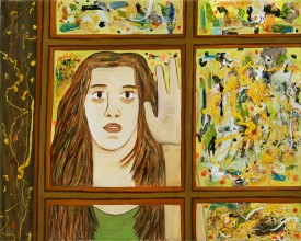 Susan Bee, Out the Window, 2011, oil and enamel on linen, 16 x 20 inches. Courtesy of Accola Griefen Gallery.