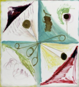 Hansjoerg Dobliar, Tête, 2013, acrylic, oil, lacquer on nettle, 51 1/8 x 47 1/4 inches. Unique. Courtesy of Johannes Vogt Gallery, New York.