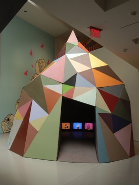 Chris Johanson, Untitled, 2004, acrylic on wood, DVD, players, monitors, 4.5 x 4.2 x 4.8 m; installation view at Yerba Buena Center for the Arts, San Francisco, 2004. Image taken from the book Chris Johanson, Survey by Bob Nickas, Interview by Corrina Peipon, Focus by Julie Deamer, writings by Chris Johanson, £35 / €49.95 / $59.95, Phaidon 2013, www.phaidon.com Image Copyright: Chris Johanson.