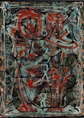 Alfonso Ossorio, Couple and Progeny, 1951, ink, wax, watercolor and cut paper mounted on black paper, 30 x 22 inches. Parrish Art Museum, Water Mill, New York. Gift of Edward F. Dragon.