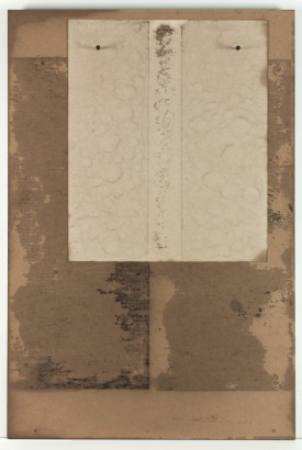 Dorothea Rockburne, Study for Scalar E, 1970, Nails, crude oil, chipboard and paper. Chipboard: 30 x 20 inches. Paper: 16 3/4 x 13 inches. Courtesy of the artist and Miguel Abreu Gallery.