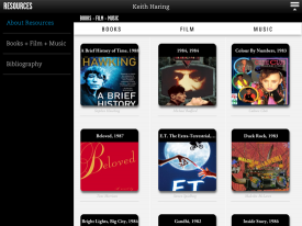 Screen image of select books, film, and music from the "Resources" section of the Keith Haring app for iPad2