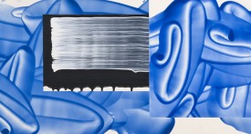 David Reed, detail of No.611, 2010, oil and alkyd on polyester, 24 x 120 inches. Courtesy of the artist and Asya Geisberg Gallery.