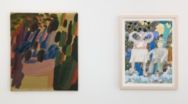 Installation view featuring Julia Benjamin, Untitled, oil on canvas, 15 x 13 inches, 2013, and Gladys Nilsson, Quietude, gouache and watercolor on paper, 12 x 9 inches, 2013. Courtesy of the National Exemplar, New York.