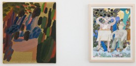 Installation view featuring Julia Benjamin, Untitled, oil on canvas, 15 x 13 inches, 2013, and Gladys Nilsson, Quietude, gouache and watercolor on paper, 12 x 9 inches, 2013. Courtesy of the National Exemplar, New York.