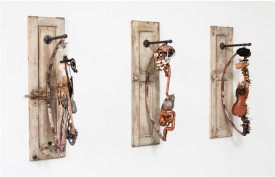 Lorna Williams, Threefold, 2013. Mixed media, 55 x 22 x 104 inches. DODGE Gallery