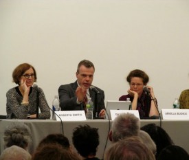 Deliberations: At the September 2012 panel David Cohen, center, was joined by Roberta Smith, left, and Ariella Budick, right. Smith will appear on the October 4 panel at the National Academy, New York, while Budick joins Cohen in Philadelphia, November 13. Photo: M. Brandon MacInnis