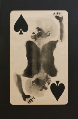 David Hammons, Spade (Power to the Spade),1969, Body print, pigment, and mixed media on paper, 53 1/4 x 35 1/4 inches. Collection of Jack and Connie Tilton, New York. On view at Grey Art Gallery, NYU.