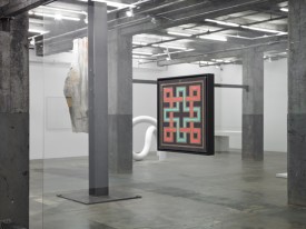 Installation image from Carol Bove's show with Harry Smith's Design for Qor Corporation, acrylic or vinyl on cardboard, 14 x 14 inches, ca. 1960. Photo credit:  Jeffrey Sturges. Courtesy of the artist and Maccarone, New York.