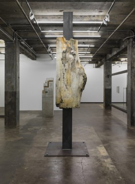 Carol Bove, Untitled, 2013, petrified wood, steel 143 x 43 1?2 x 35 inches. Photo credit:  EPW Studio/Maris Hutchinson. Courtesy of the artist and Maccarone, New York.